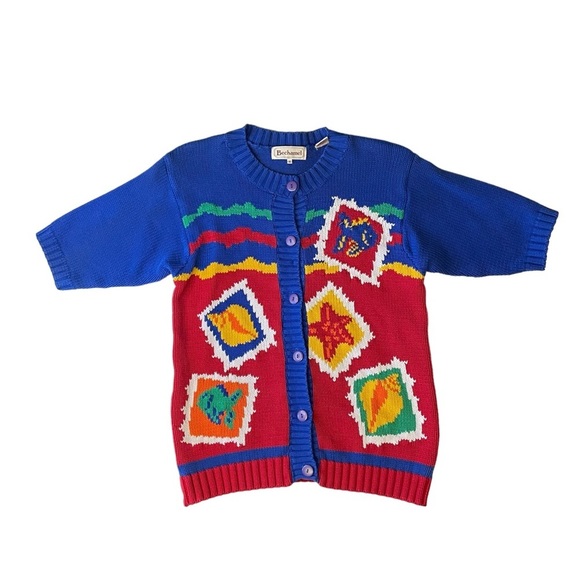 Vintage Bechamel Red Blue Fish Short Sleeve Cardigan Sweater Medium - Picture 1 of 5